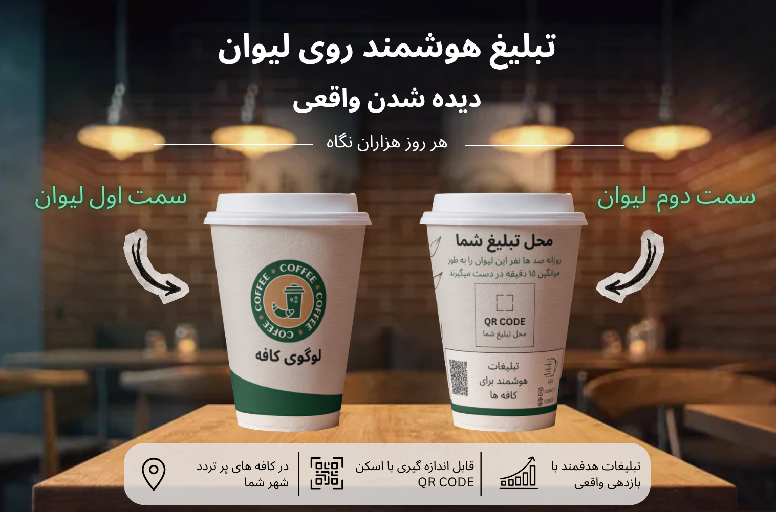 نمونه واقعی لیوان کاپ‌اد — دو طرف کافه و تبلیغات